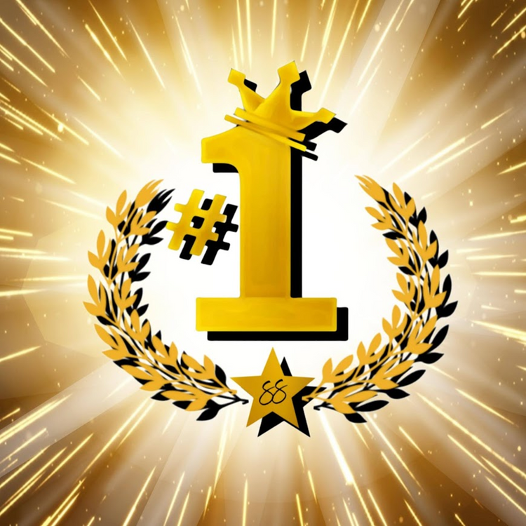 No.1 Designs Logo. A gold No.1  sign wearing a crown surrounded by Laurel wreaths on a background of golden rays