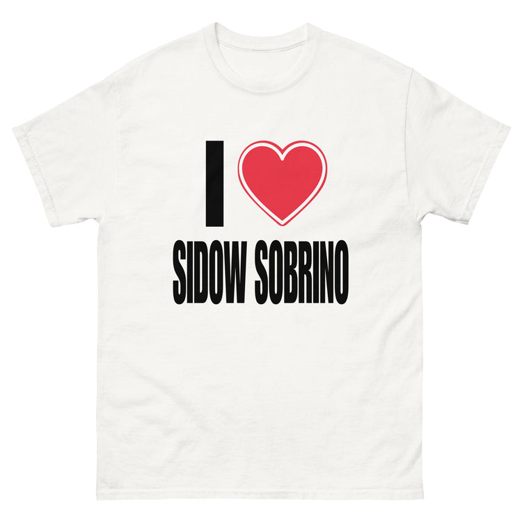 A White T-shirt with Black letters and a framed red heart stating I Love You Sidow Sobrino